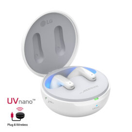 LG’s Pearl White TONE Free earbuds being charged and cleaned in the case beside the UVnano and Plug & Wireless logos