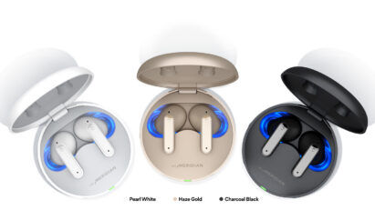 LG TONE Free earbuds in Pearl White, Haze Gold, and Charcoal Black as they charge in their cases