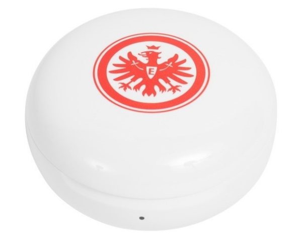A closeup of the Eintracht Frankfurt TONE Free's charging case with the team's logo displayed on top