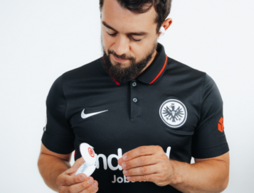 Amin Younes, attacking midfielder for the Bundesliga’s Eintracht Frankfurt football club, posing with the Eintracht Frankfurt TONE Free