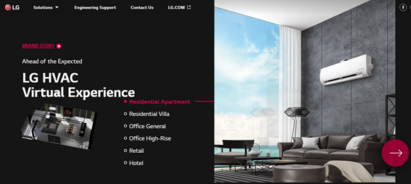 LG HVAC Virtual Experience’s main page with the list of virtual zones alongside a picture of the modern residential apartment showroom