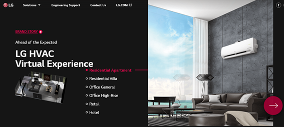  LG HVAC Virtual Experience’s main page with the list of virtual zones alongside a picture of the modern residential apartment showroom