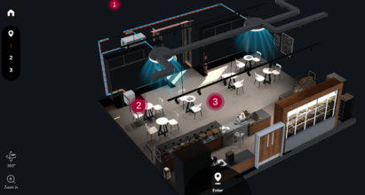 An overlooking view of the virtual cafe which demonstrates how LG’s HVAC solutions can be used in retail