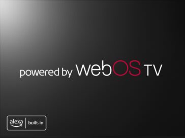 A black TV screen displaying the 'powered by weboOS TV' tag in the center and the Alexa Built-in logo in the bottom left corner