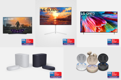 Clockwise from top-left: EISA Award honorees LG OLED TV, LG OLED evo, LG QNED Mini LED TV, LG TONE Free and LG Eclair