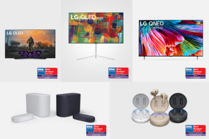 Clockwise from top-left: EISA Award honorees LG OLED TV, LG OLED evo, LG QNED Mini LED TV, LG TONE Free and LG Eclair