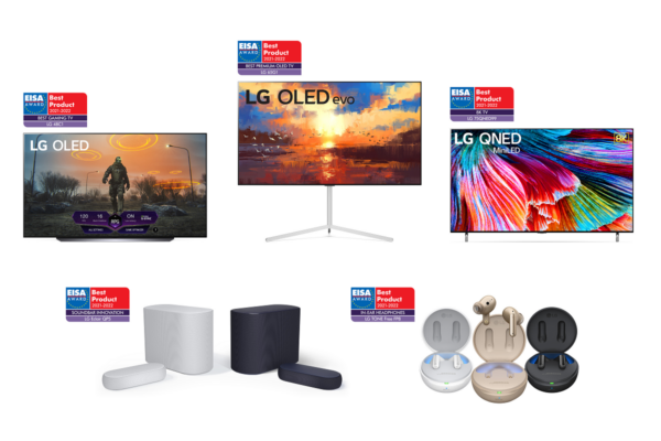 Clockwise from top-left: EISA Award honorees LG OLED TV, LG OLED evo, LG QNED Mini LED TV, LG TONE Free and LG Eclair