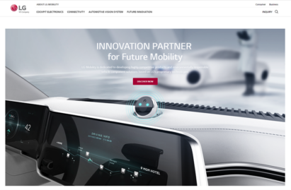 The homepage of LG's Future Mobility website with an image of an infotainment installed in a vehicle
