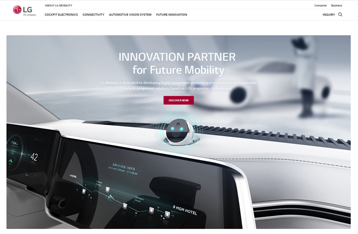 The homepage of LG's Future Mobility website with an image of an infotainment installed in a vehicle 