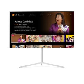 LG Channels displaying the movie 'Honest Candidate' on its Watch Now page on an LG TV with a stand