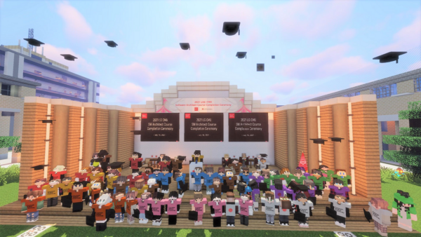 Employees’ virtual avatars throwing their hats in the air to celebrate graduation during LG’s online metaverse ceremony.
