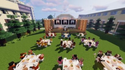A picture overlooking LG’s metaverse graduation ceremony with employees using virtual avatars to sit together in front of the main stage.