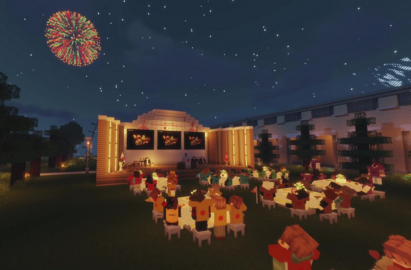 Employees in the form of virtual avatars enjoying a fireworks display during LG's metaverse graduation ceremony.