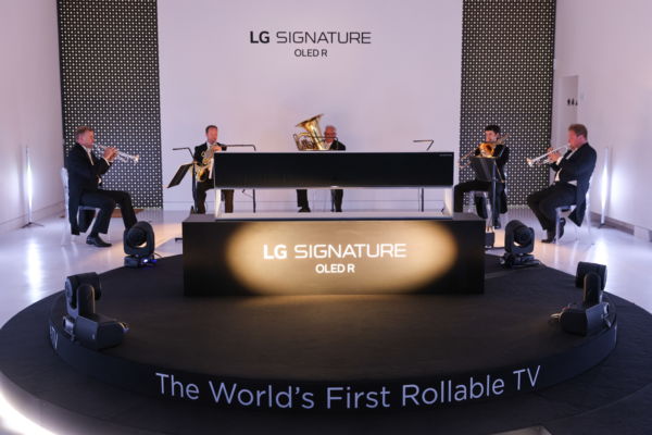 The Royal Philharmonic Orchestra’s brass quintet playing at the UK’s LG OLED R launch event.