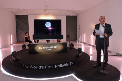 Peter Booth, commercial director of LG, giving a speech during the UK’s LG OLED R launch event.