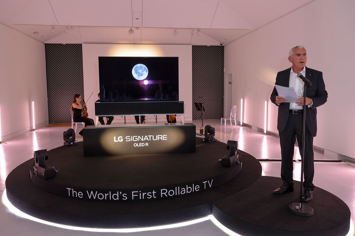 Peter Booth, commercial director of LG, giving a speech during the UK’s LG OLED R launch event.
