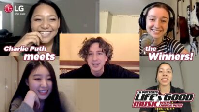 The four Life's Good Music campaign winners video chatting with Charlie Puth