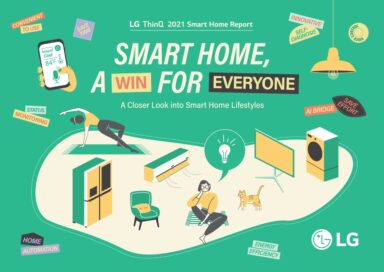 The title page of the LG ThinQ 2021 Smart Home Report with several illustrations of its smart products