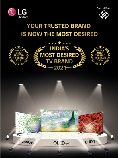 
A poster celebrating LG as TRA's Most Desired TV Brand for 2021 with its NanoCell, OLED evo and UHD TVs proudly displayed.