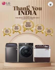 A poster promoting LG’s washing machines as TRA's Most Desired Brand, alongside more trusted and desired awards won since 2018.