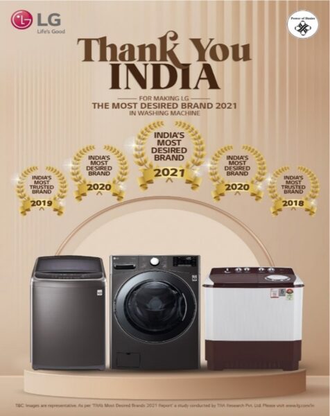 A poster promoting LG’s washing machines as TRA's Most Desired Brand, alongside more trusted and desired awards won since 2018. 