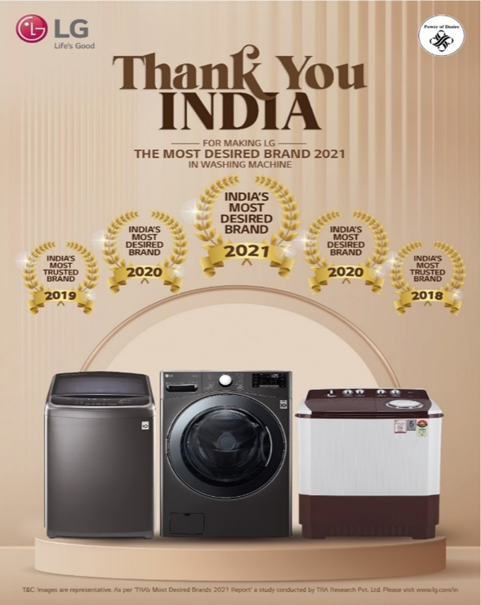 A poster promoting LG’s washing machines as TRA's Most Desired Brand, alongside more trusted and desired awards won since 2018.