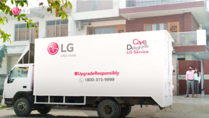A large LG Care Delight service truck paying a visit to a customer's home.