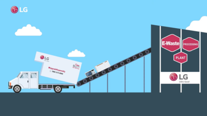 An illustration of an LG Care Delight service truck dropping appliances off at an e-waste processing plant.