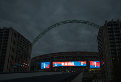 An image of new LED facade erected at the Wembley stadium’s Great Hall (Night/ Diagonal view)