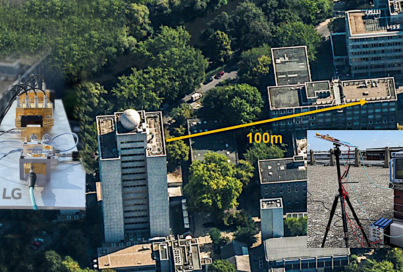 The 100m distance between the Fraunhofer Heinrich-Hertz-Institute and the Berlin Institute of Technology shown from above.