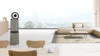 LG PuriCare providing clean air in a spacious modern living room with an amazing view.