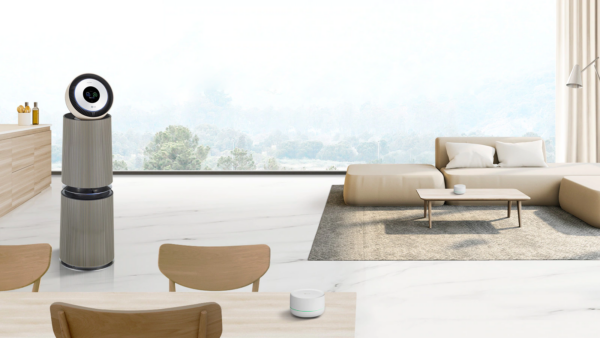 LG PuriCare providing clean air in a spacious modern living room with an amazing view. 