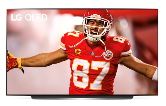 Image of Travis Kelce, Kansas City Chiefs’ tight end, celebrating a touchdown displayed on an LG OLED TV.