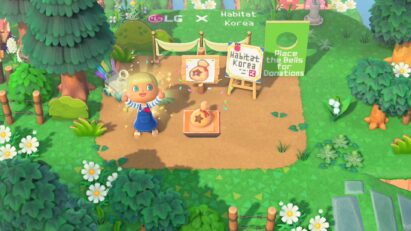 A player character in the game 'Animal Crossing' strikes a pose at the Habitat Korea Zone of LG Home Island