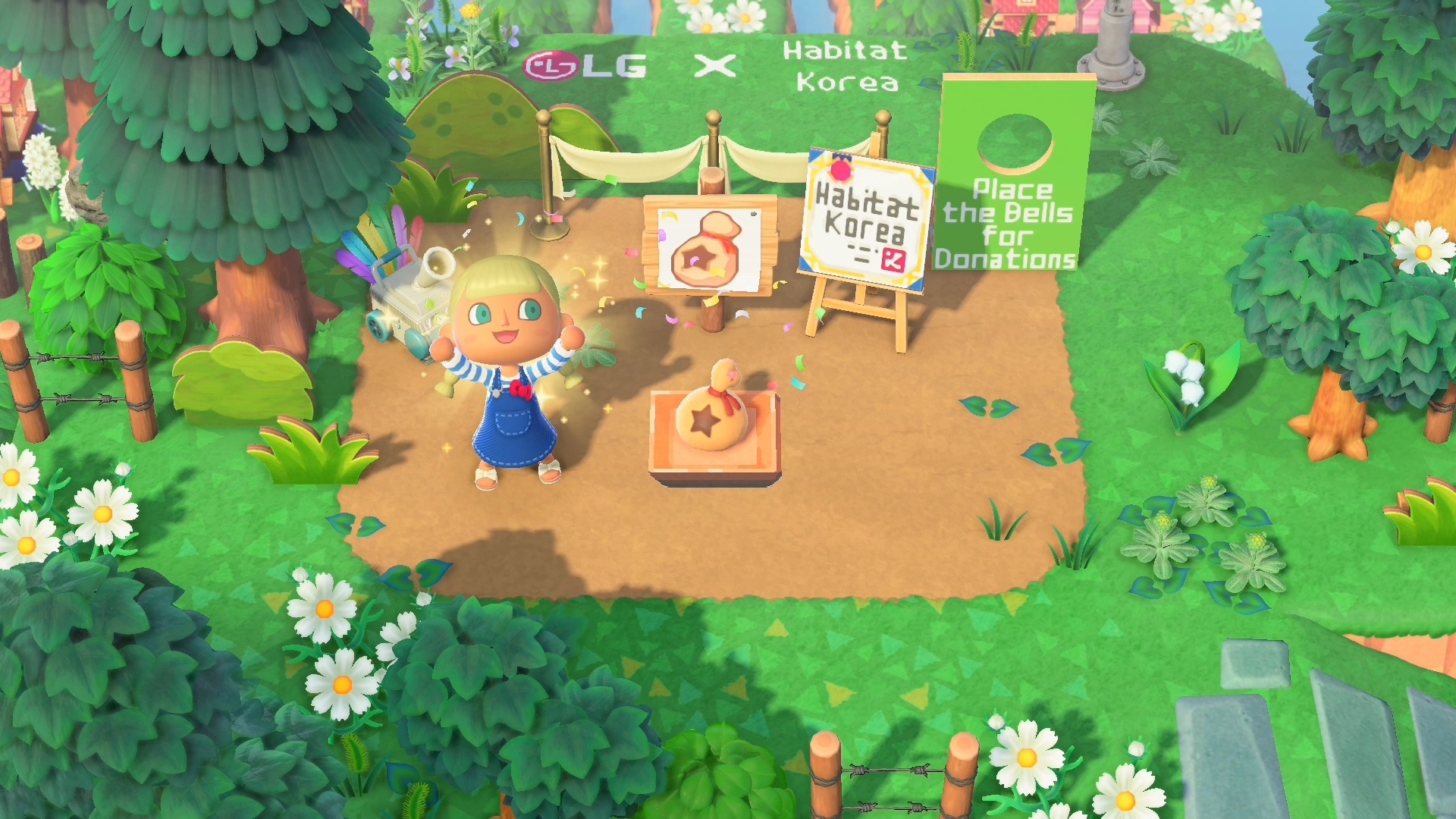 یک شخصیت بازیکن در بازی Animal Crossing در Habitat Korea Zone LG Home Island ژست می گیرد.