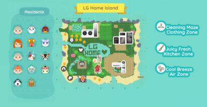 A map of LG Home Island in the game ‘Animal Crossing’ features three themed zones: Cleaning Maze Clothing Zone, Juicy Fresh Kitchen Zone and Cool Breeze Air Zone and shows animal residents.