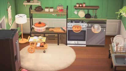 LG kitchen appliances such as refrigerator, gas cooktop, oven and dishwasher are featured at the Juicy Fresh Kitchen Zone of LG Home Island in the game ‘Animal Crossing’.