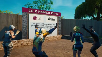 Four-player characters in the game ‘Fortnite’ are celebrating their completion of the LG Healthy Home mission.