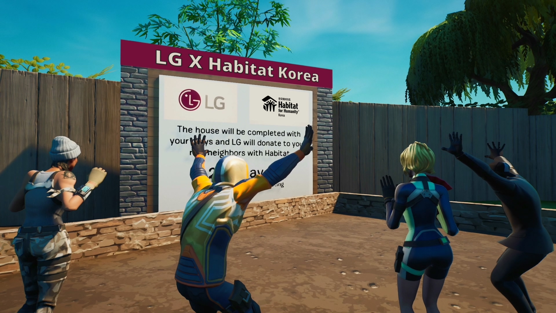 Four-player characters in the game ‘Fortnite’ are celebrating their completion of the LG Healthy Home mission.