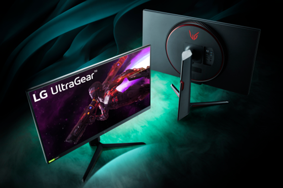 Two UltraGear monitors showing back and the front
