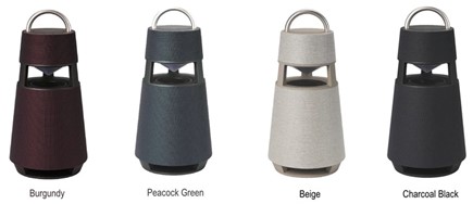 The new LG XBOOM 360 speaker in fout different colors: burgundy, peacock green, beige and charcoal black