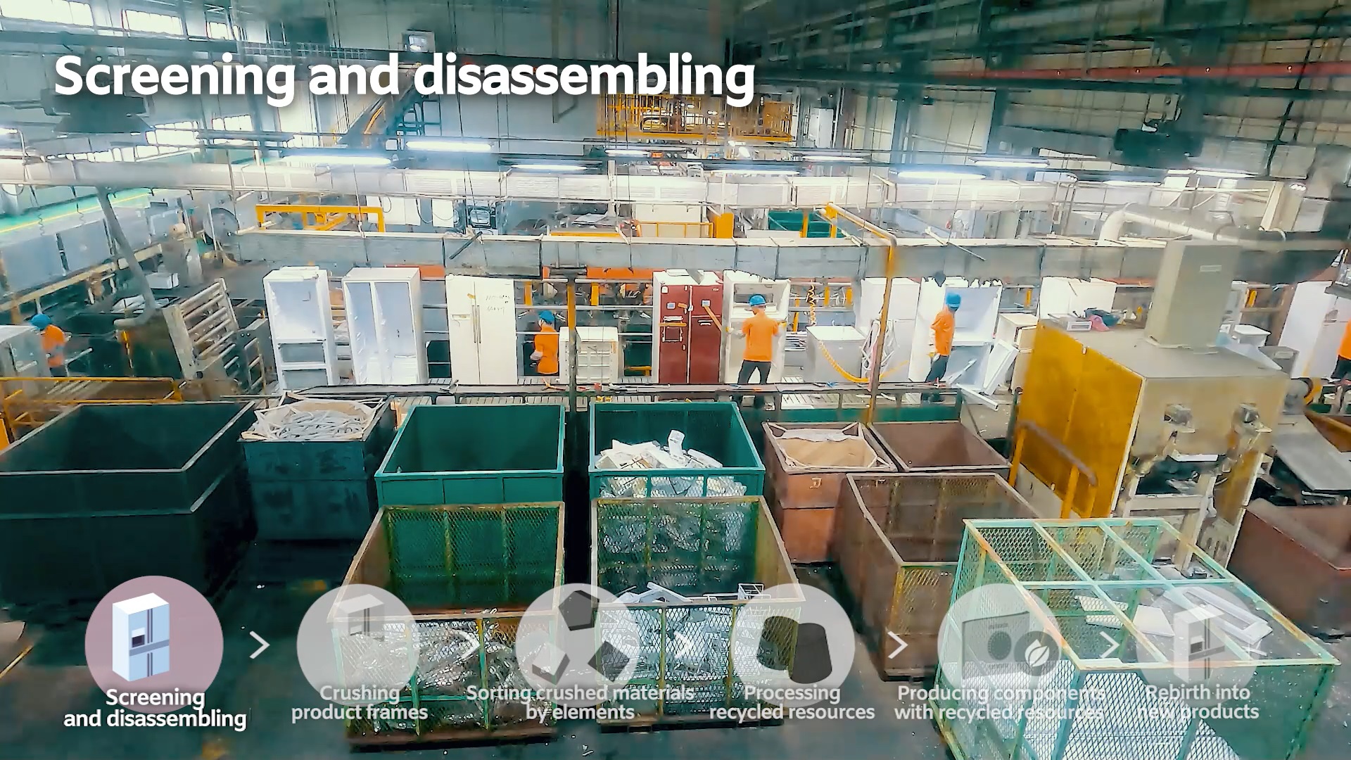 The screening and disassembling process of e-waste inside the LG Chilseo Recycling Center.
