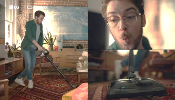 A man singing and dancing as he cleans the house with his LG CordZero cordless vacuum.
