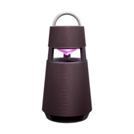 LG’s burgundy XBOOM 360 speaker emitting pink mood lighting from its hollow section