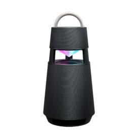 LG’s charcoal black XBOOM 360 speaker emitting mixed mood lighting from its hollow section