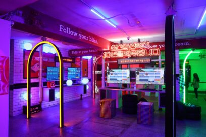 Inside the Gold Star Arcade fully equipped with various LG electronic devices.