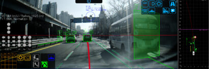 An image showing what the car sees when using LG’s ADAS system as it detects cars and a bus ahead.