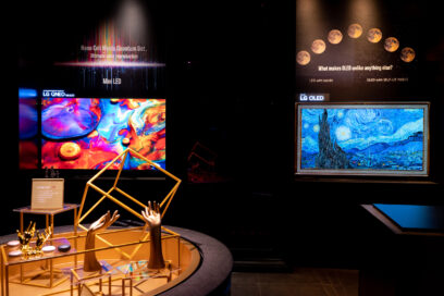 The Black Addict Zone within the LG Experience Museum with vivid artwork being displayed on LG OLED and LG QNED Mini LED.