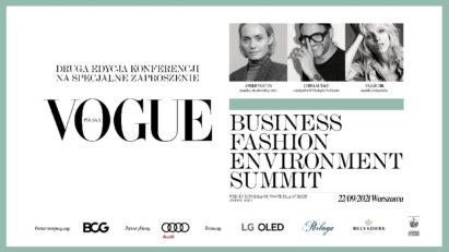 A promotional image of the Business Fashion Environment Summit in Poland displaying notable participants and sponsors.