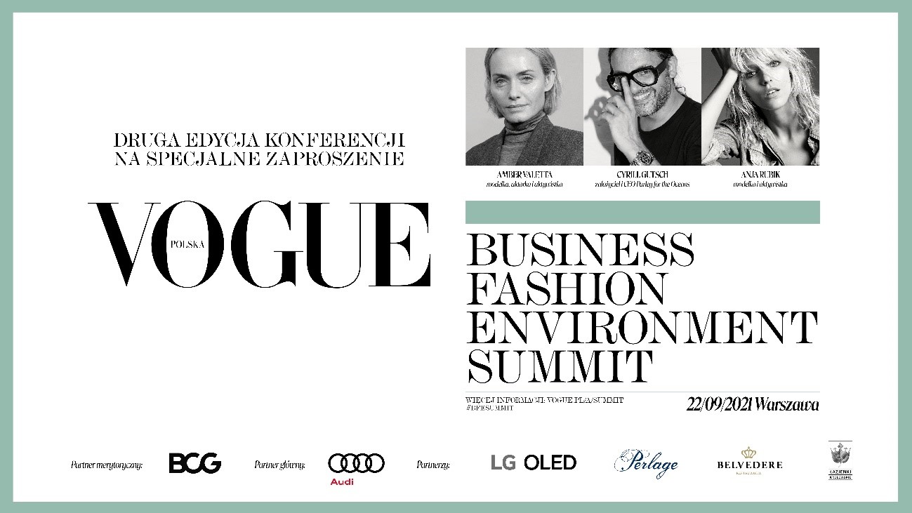 A promotional image of the Business Fashion Environment Summit in Poland displaying notable participants and sponsors. 
